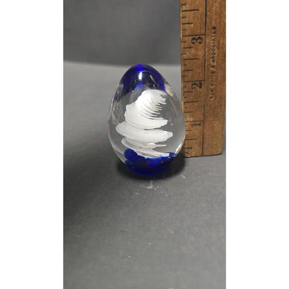 Signed Art Glass Egg Paperweight Cobalt Blue Clear White Swirl Studio Decor - Picture 10 of 10